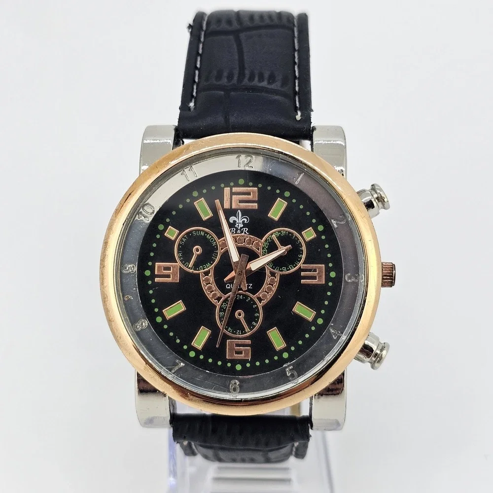 Men's Analog Watch 43MM Black Dial‎ Black Faux Leather Bands New Battery